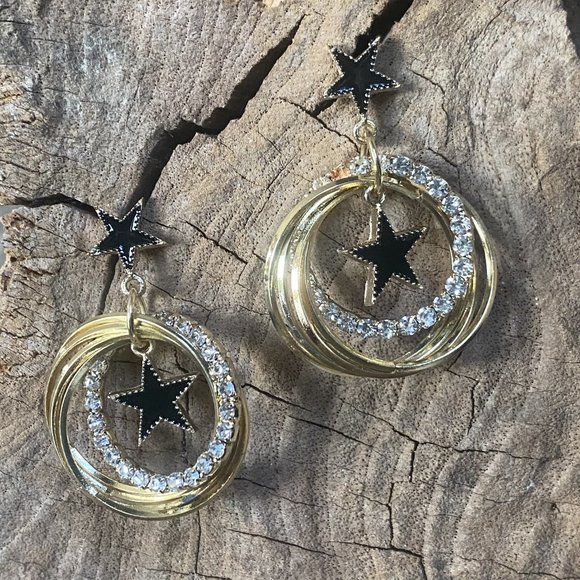 Circle Ring Pentagram Star Clear Rhinestone Earrings-Black Star - Picture 2 of 3